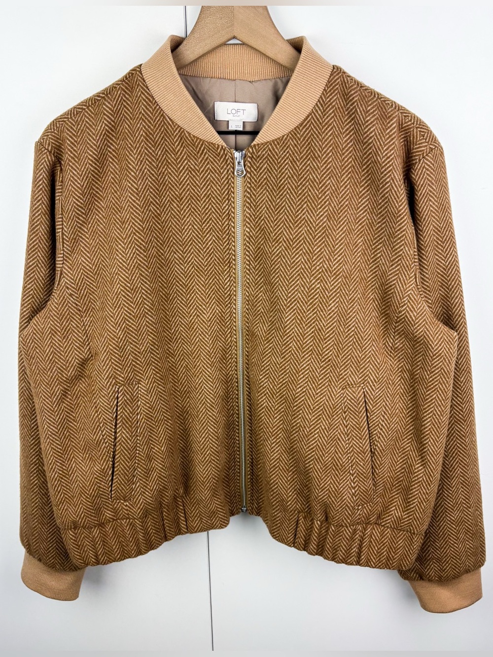 Loft Wool Blend Herringbone Zip Front Bomber Jacket Coat Tan Brown Large